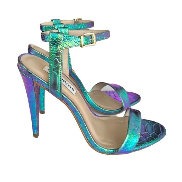 Steven Madden Carmelina Turquoise Metallic Snake-Embossed Sandal - Picture 3 of 16